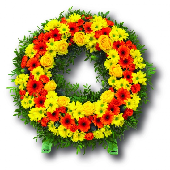 Coroana funerara rotunda din gerbera si crizantema